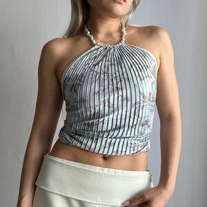 NWOT Multiway Pleated Satin Scarf Tie Top with Beaded Neck Strap // Tiffany Blue